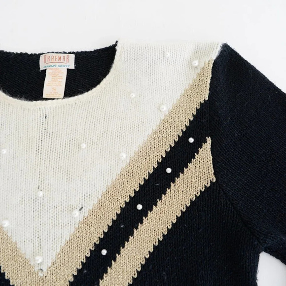 Braemar by Jeremy Scott Cream & Black w Pearls 7% Rabbit Hair Crewneck  Sweater - Picture 10 of 13